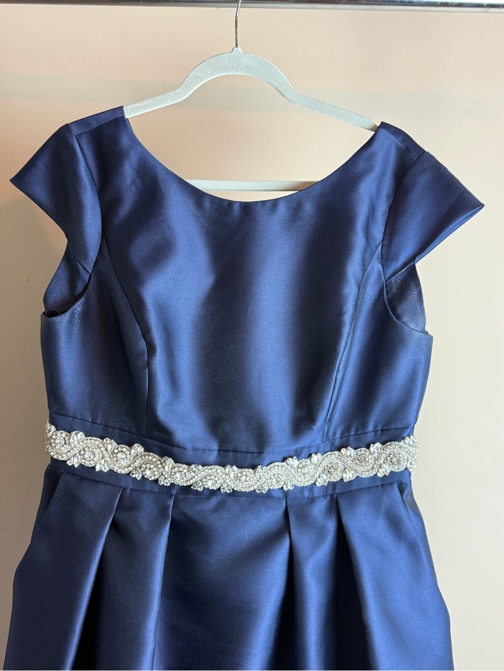 Alfred Sung Midnight Blue Satin A-Line Cap Sleeve Pleated Skirt Dress w/ Pockets - Picture 7 of 14